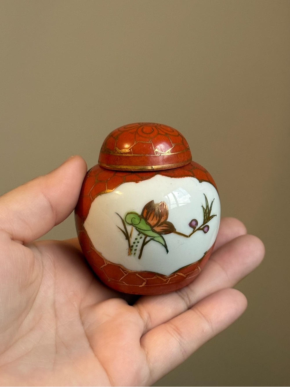 Vintage Porcelain Ginger Spice Jar Made in China Butterfly Floral Handpainted